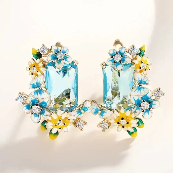Blue Yellow Flower Enamel Drop Earrings with Sky Blue CZ Cubic Zirconia Brass Jewelry for Women Wedding Party