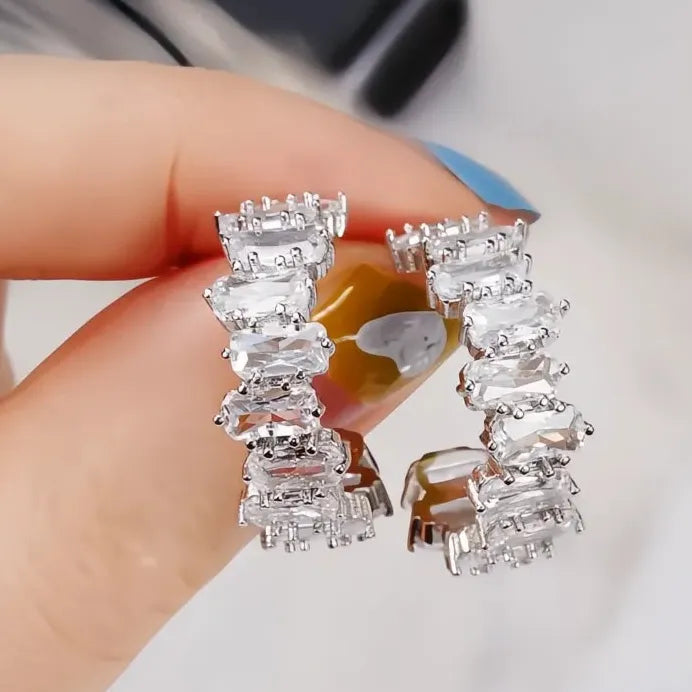Stylish Modern Oval Cubic Zirconia Hoop Earrings for Women Silver Jewelry