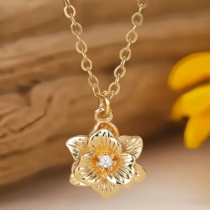 Gold Geometric Flower Pendant Necklace with Cubic Zirconia Jewelry Gift