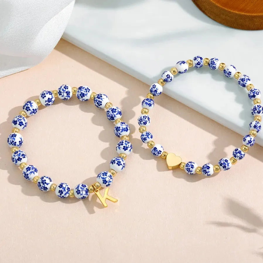 2 Pcs Handmade Blue White Porcelain Letter B Elastic Beaded Bracelet Jewelry Gift