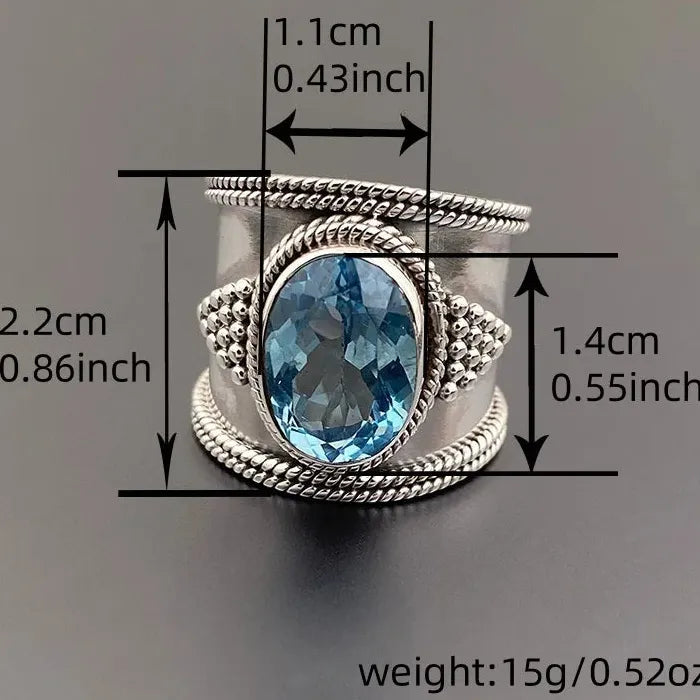 Men's Retro Oval Blue Cubic Zirconia Ring Wide Face Zinc Alloy Jewelry Gift