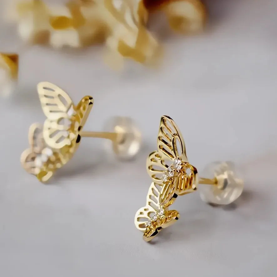 Gold Butterfly Cubic Zirconia Stud Earrings Copper Alloy Jewelry Gift Women