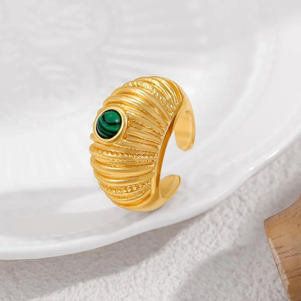 Retro Chunky Dome Ring for Women Green Natural Stone Lava Texture Stainless Steel Punk Jewelry