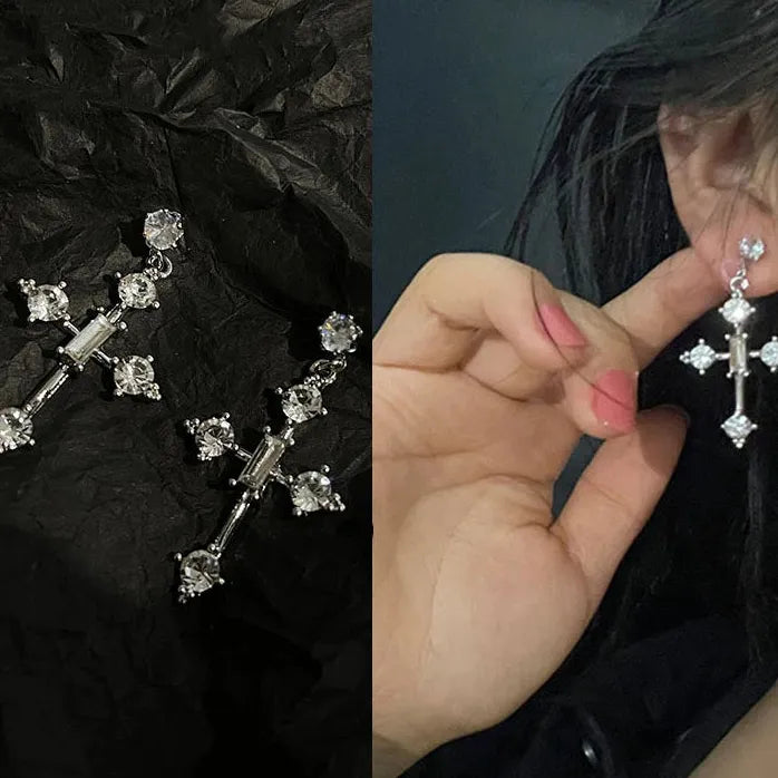 Rhinestone Cross Hoop Earrings Dangle Punk Grunge Jewelry for Women Men