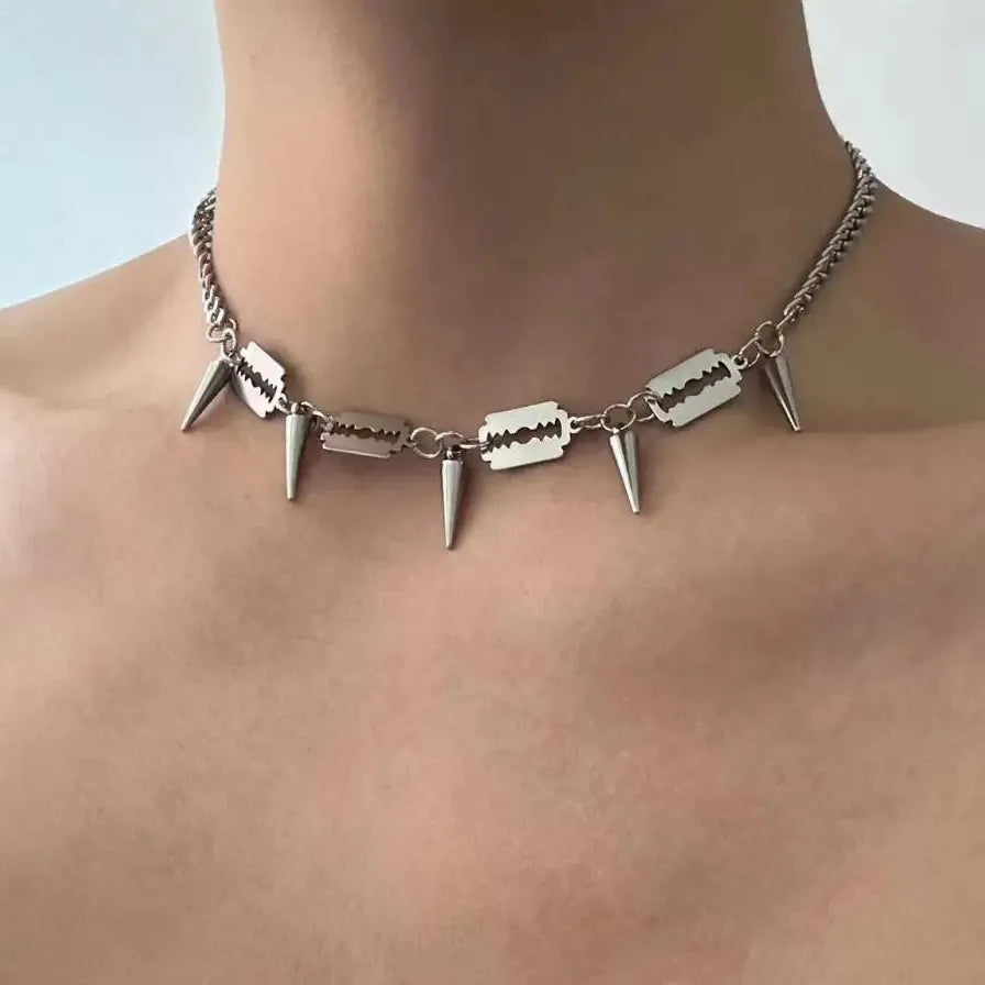 Hiphop Punk Razor Blade Rivet Tassel Geometric Metal Chain Necklace Unisex Stainless Steel Gift