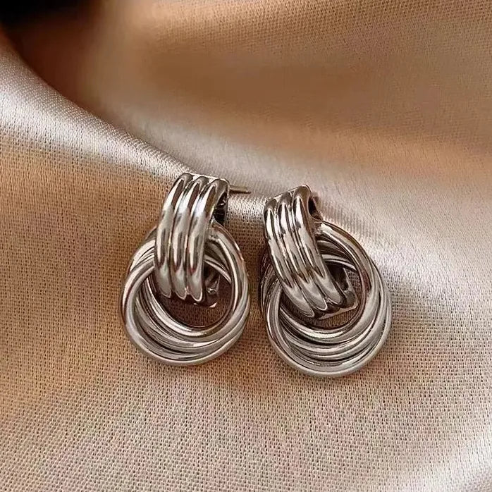 Gold Copper Alloy Three-Layer Textured Knot Earrings Women Vintage Jewelry