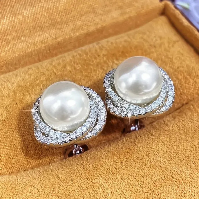 Geometric Silver Cubic Zirconia Pearl Stud Earrings for Women Jewelry
