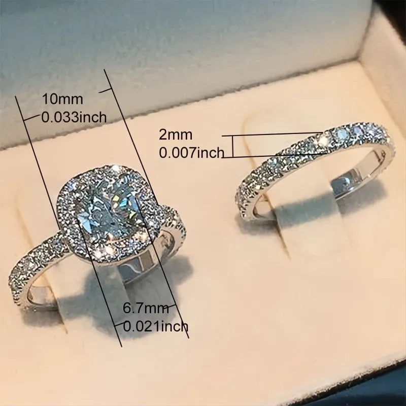 Simple Elegant Round Square Cubic Zirconia Rings for Women Silver Color Bridal Wedding Party Jewelry Set