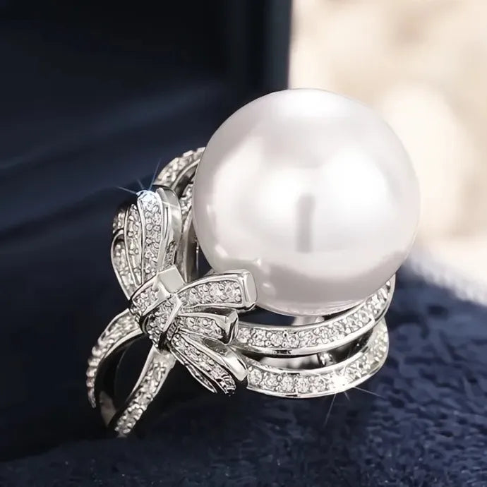 Bowknot Finger Ring with Simulated Pearl & CZ Brass Wedding Party Jewelry