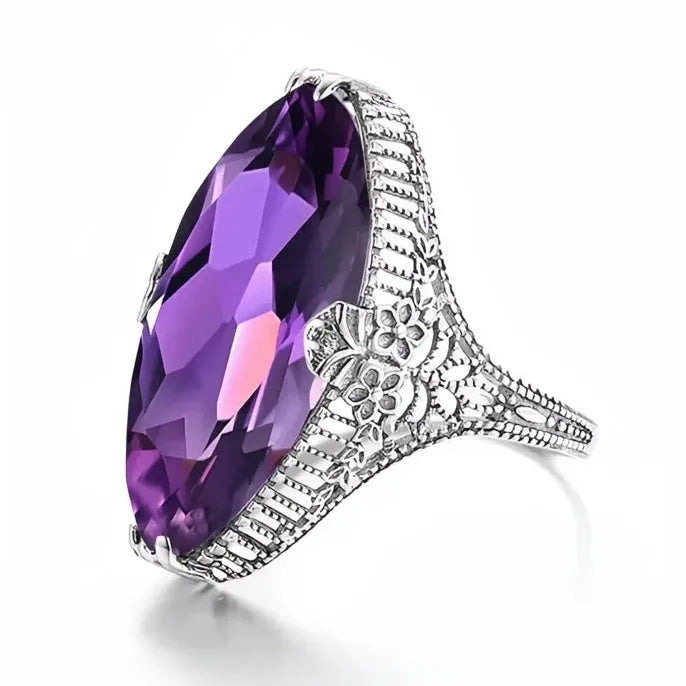 Big Marquise Purple Cubic Zirconia Brass Hollow Flower Ring for Women Wedding