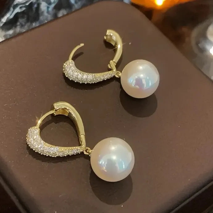 Korean Gold Love Dangle Earrings with Simulated Pearls for Women Copper Alloy