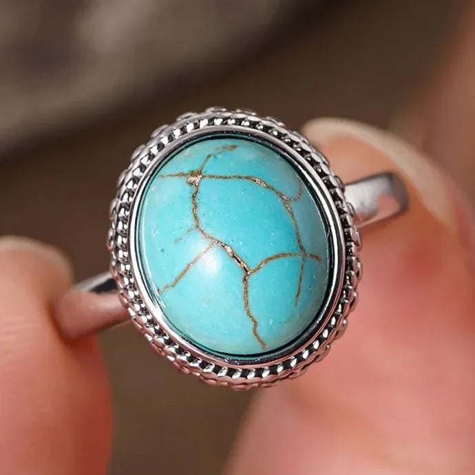 Vintage Silver Inlaid Synthetic Turquoise Oval Flower Ring Unisex Jewelry