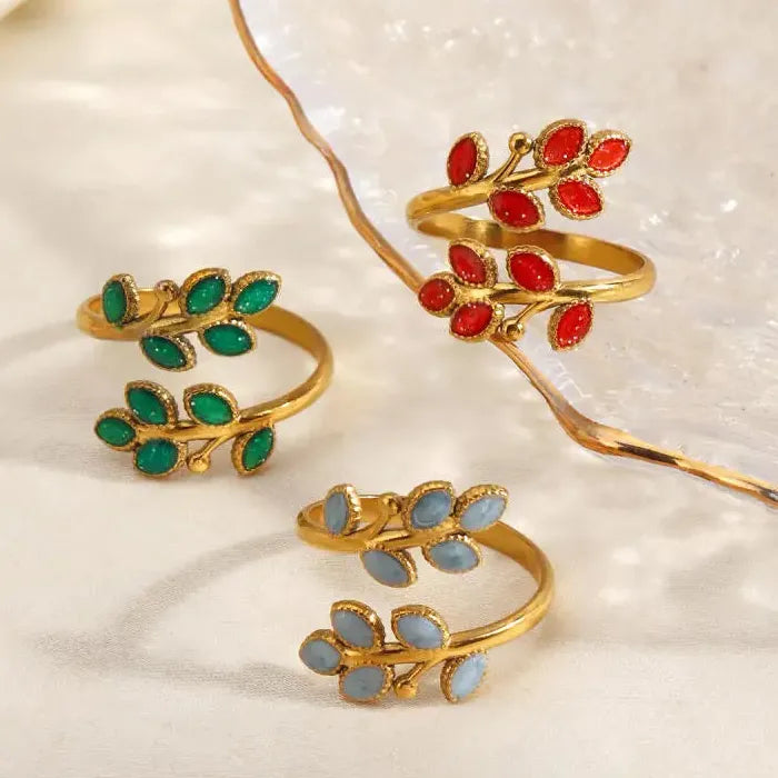 Gold Stainless Steel Leaf Cocktail Rings for Women Vintage Red Blue Green Jewelry