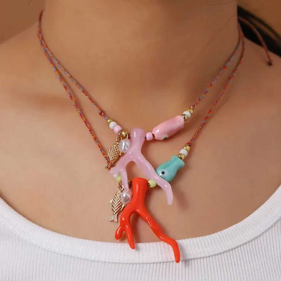 18k Gold Plated Ocean Coral Fish Pendant Necklace Adjustable Rope Choker Women