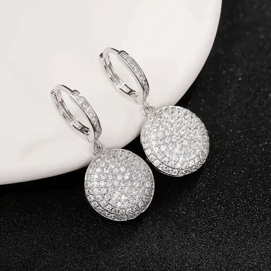 Silver CZ Round Geometric Pendant Dangle Earrings Luxury Bride Jewelry Copper Alloy