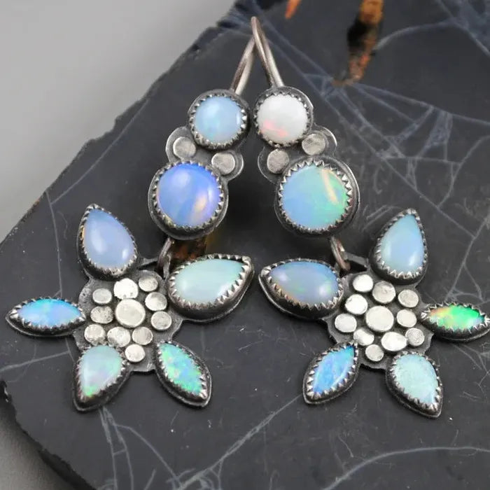 Bohemian Long Drop Earrings Set Zinc Alloy Imitation Moonstone Retro Ethnic Gift