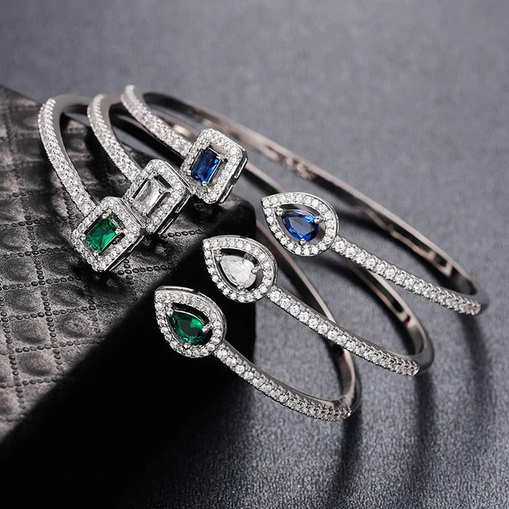 Adjustable Luxury Green White Blue Cubic Zirconia Cuff Bracelet Women