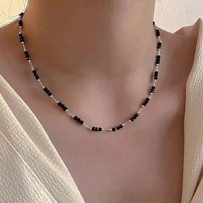 Vintage Black Crystal Glass Bead Chain Choker Necklace Women Handmade Jewelry