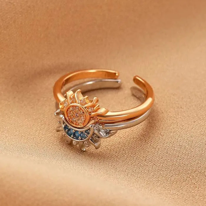2Pcs Women’s Moon Sun Star Crystal Rings Copper Wedding Jewelry Gift Set