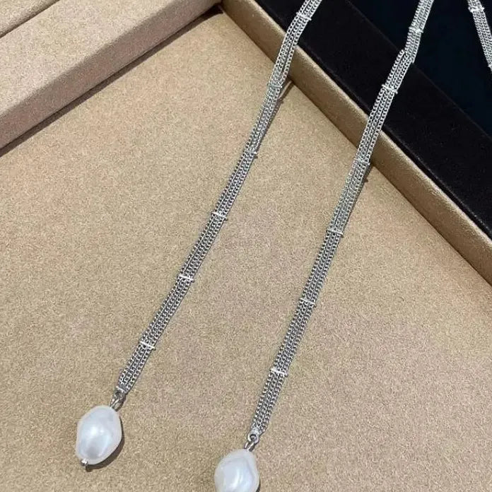 Light Luxury Silver Pearl Necklace Women Water Drop Pendant Extra-Long Chain Gift