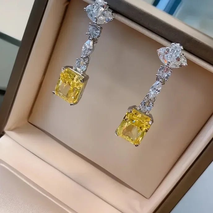 Bright Yellow Cubic Zirconia Drop Earrings for Women Wedding Party Elegant Jewelry