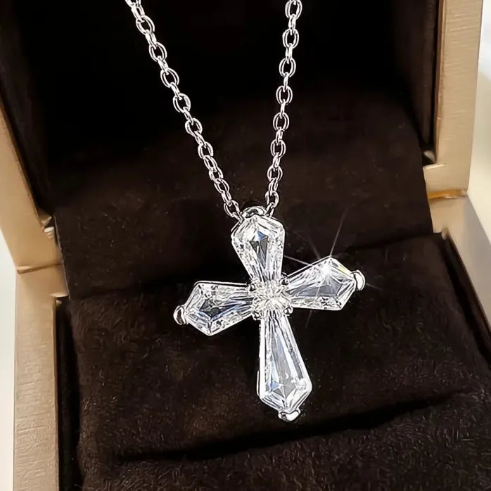 Silver Cross Pendant Necklace with Crystal Cubic Zirconia Wedding Jewelry for Women