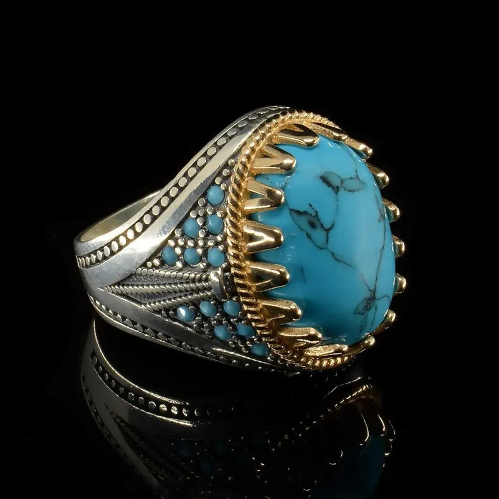 Men's Punk Electroplating Two-Color Turquoise Ring Zinc Alloy Resin Retro Style