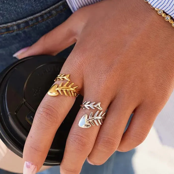 Adjustable Stainless Steel Fish Bone Open Ring for Women Gold Tone Jewelry Symbolic Gift