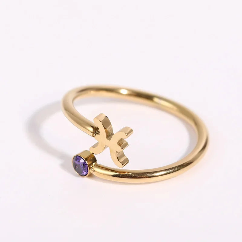 12 Constellation Symbol Adjustable 18K Gold Plated Zircon Knuckle Ring Gift