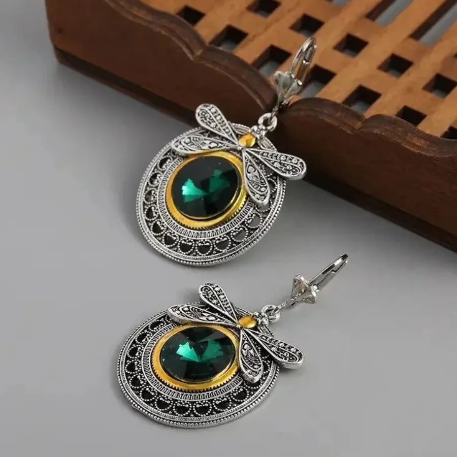 Green Crystal Dragonfly Drop Earrings Zinc Alloy Women’s Party Jewelry