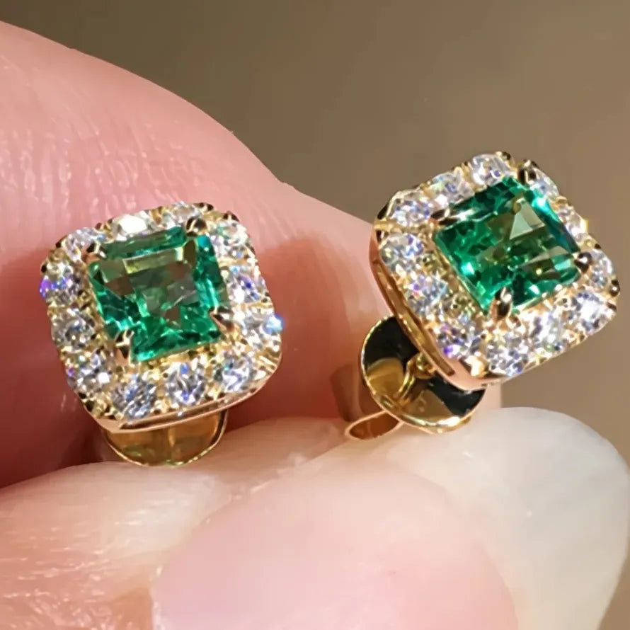 Green CZ Square Stud Earrings Gold Color Brass Luxury Wedding Jewelry