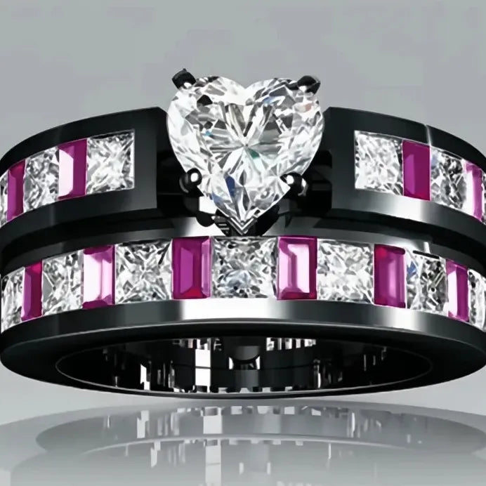 Black Heart Cubic Zirconia Bridal Wedding Ring Set for Women