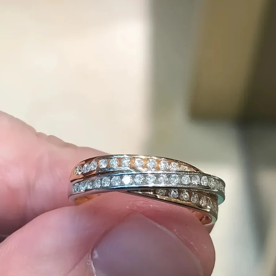 Two Tone Brass CZ Geometric Cross Wedding Rings for Women