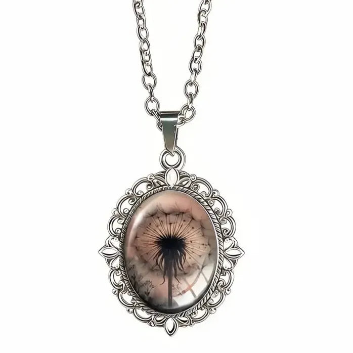 Vintage Oval Fairy Dandelion Glass Pendant Necklace Zinc Alloy Gift