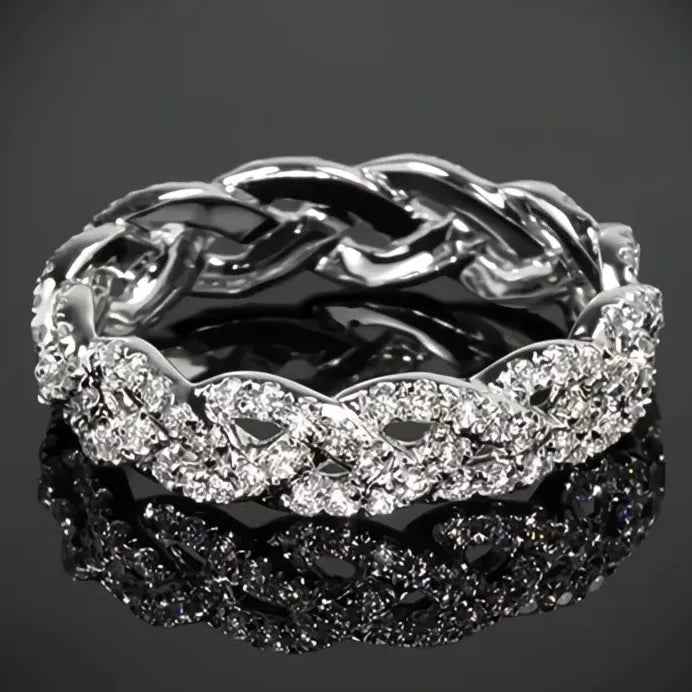Geometric Cubic Zirconia Silver Twist Bridal Wedding Ring Elegant Band