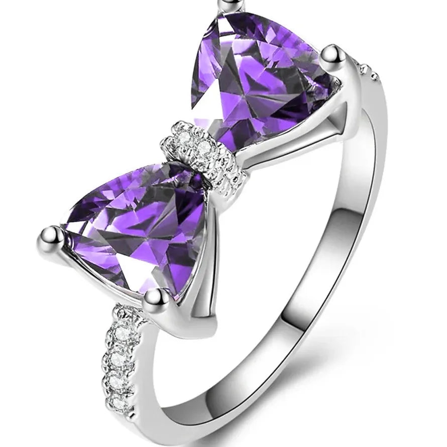Purple CZ Bow Ring for Women Zinc Alloy Wedding Party Fashion Jewelry Gift