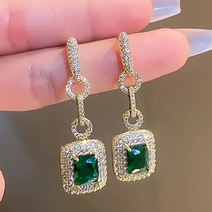 Luxury Gold Green Cubic Zirconia Geometric Long Brass Earrings for Women