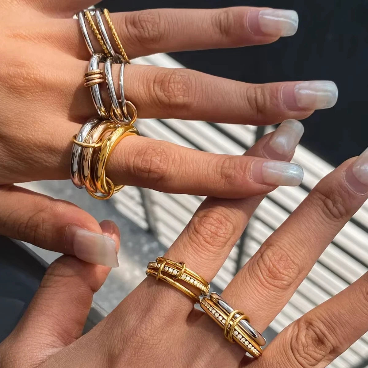 Stackable Two-Color Multilayer Four-Ring Stainless Steel CZ Zircon Jewelry Set Hypoallergenic