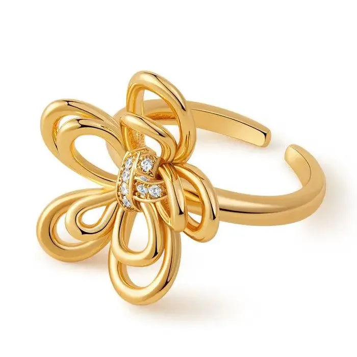 Adjustable Silver Zircon Skeleton Flower Ring for Women Copper Jewelry Gift