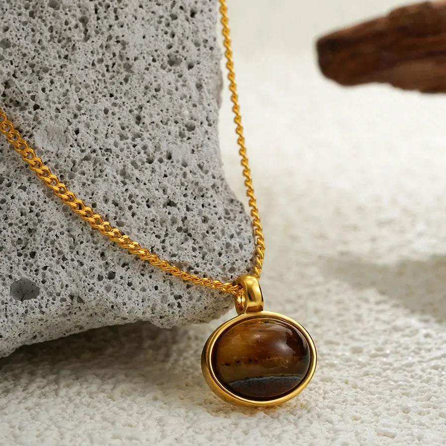 18K Gold Plated Tiger Eye Stone Necklace Geometric Pendant Hypoallergenic Jewelry
