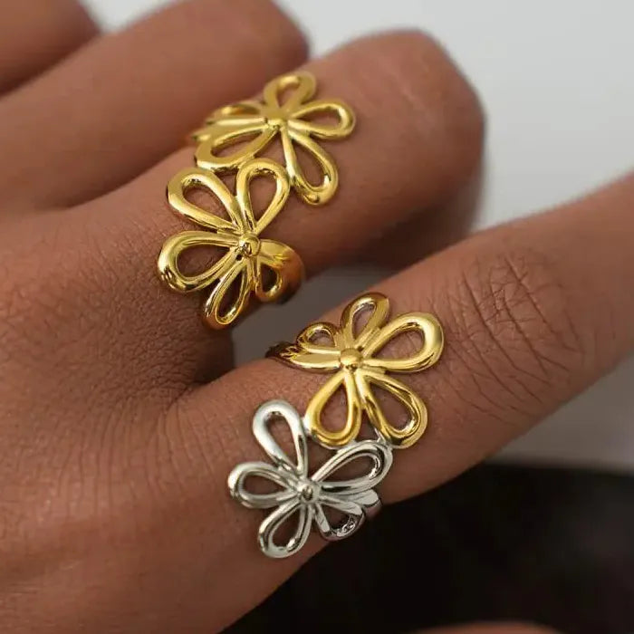 Vintage Stainless Steel Daisy Flower Ring Women Open Band Jewelry Gift