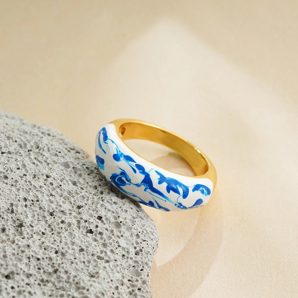 Minimalist White Blue Enamel Circular Knuckle Ring 18K Gold Plated Stainless Steel