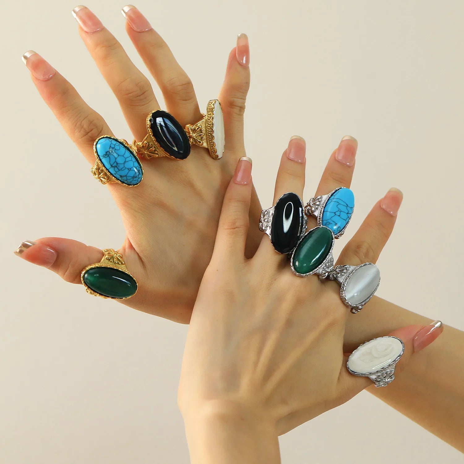 18k Gold Plated Stainless Steel Gothic Turquoise Opal Oversize Knuckle Ring
