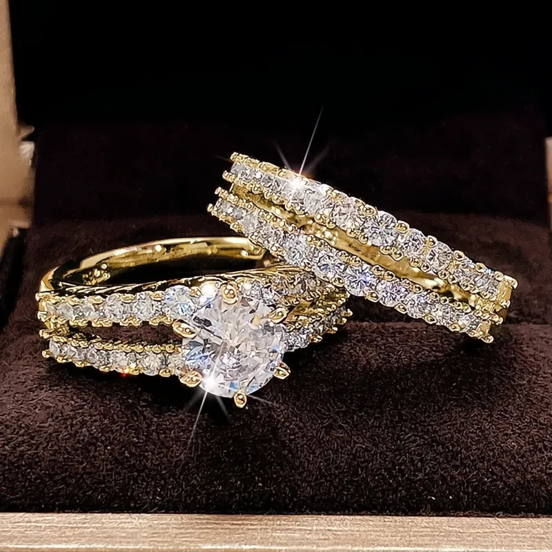 Trendy Hollow Set Rings 2Pcs Full Bling Iced Out CZ Stone Luxury Women Wedding Engagement Jewelry