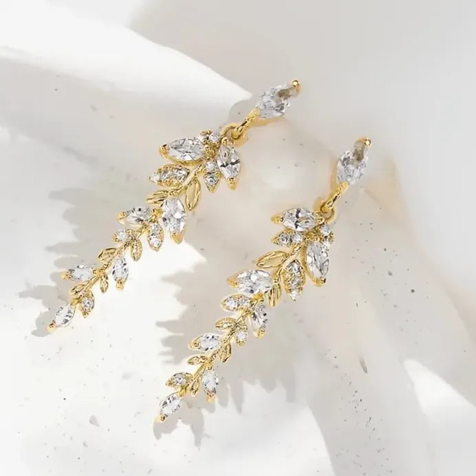 Gold Leaf Shaped Dangle Earrings with Sparkling Cubic Zirconia for Women