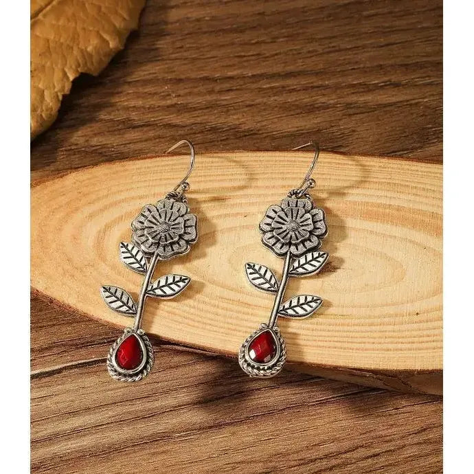 Vintage Metal Handmade Carving Flower Earrings with Redstone Inlay for Women