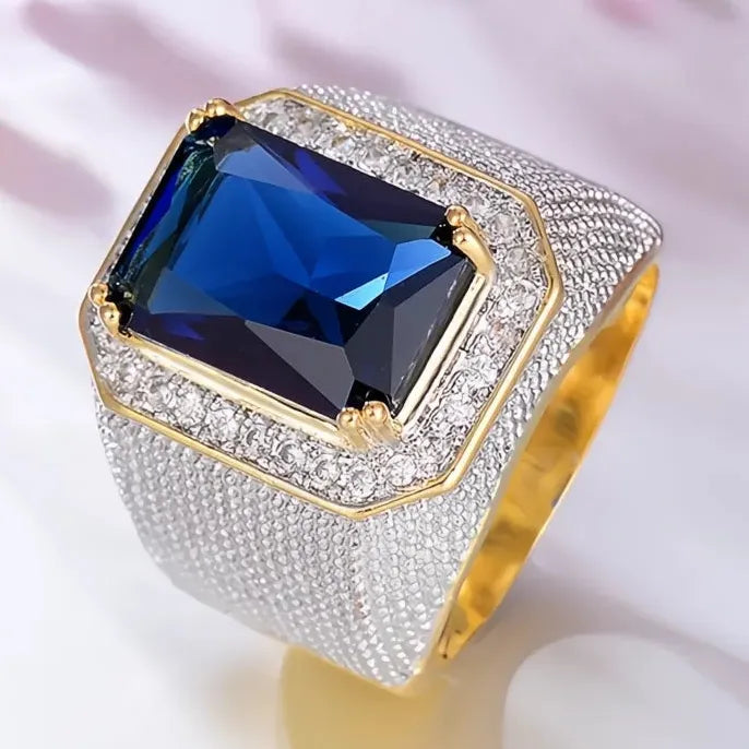 Wide Blue Black Cubic Zirconia Brass Ring for Women Wedding Engagement Jewelry