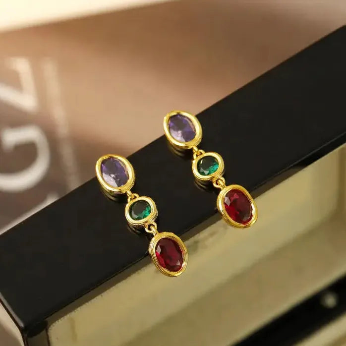 Classic Colorful Zircon Oval Drop Earrings for Women Vintage Style Jewelry