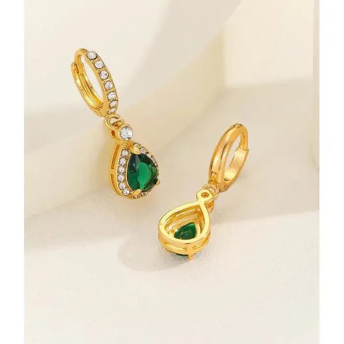 Gold Inlaid Green Water Droplet Zircon Pendant Drop Earrings for Girls Jewelry Gift