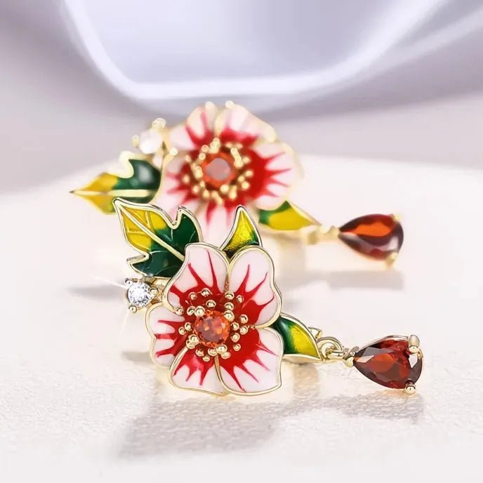 Red Flower Green Leaf Enamel Copper Alloy Drop Earrings with Cubic Zirconia for Women Wedding Party Jewelry